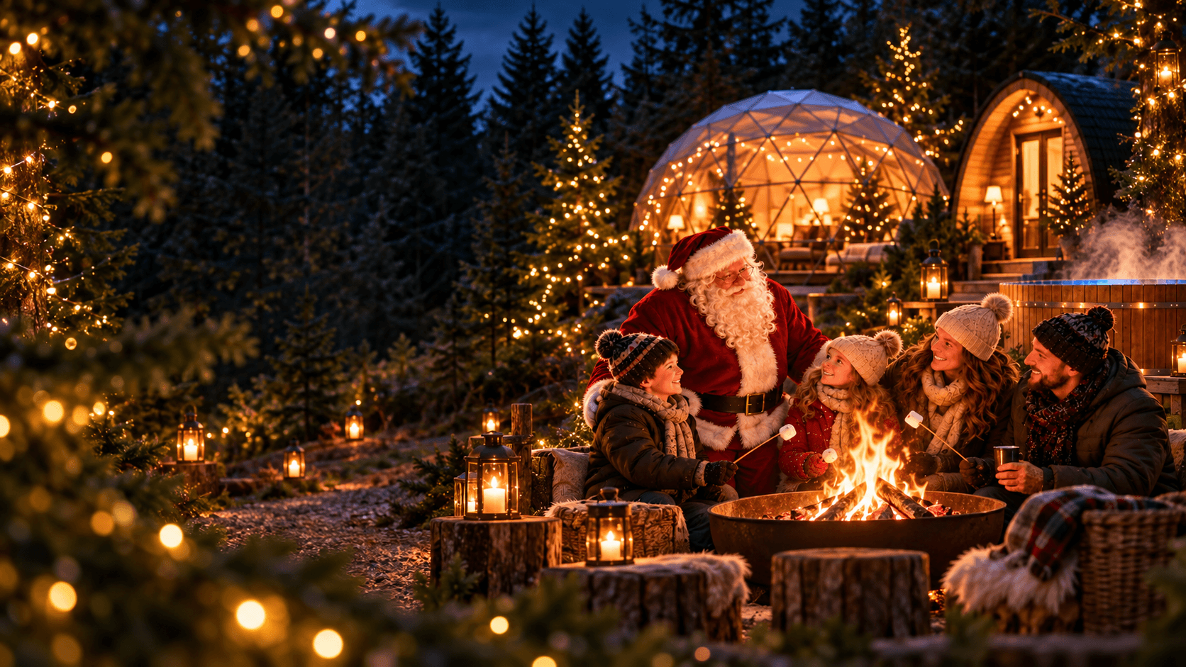 Santa greeting a family beside a glowing forest dome at Waters Edge Retreat